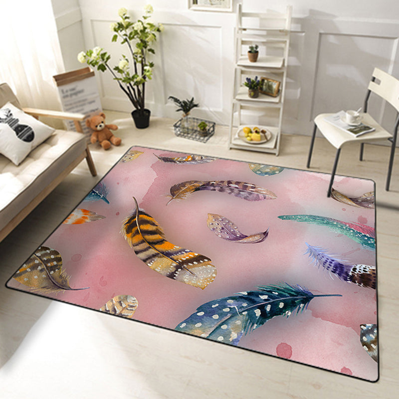 Multicolored Fresh Indoor Rug Trendy Leaves and Feather Pattern Rug Polyester Non-Slip Backing Rug for Bedroom