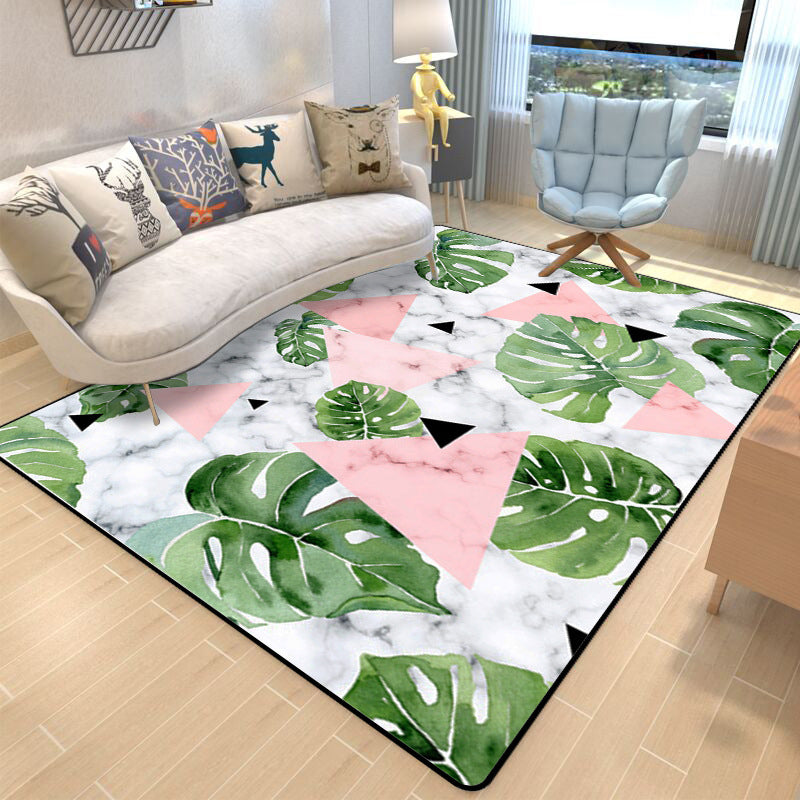 Multicolored Fresh Indoor Rug Trendy Leaves and Feather Pattern Rug Polyester Non-Slip Backing Rug for Bedroom
