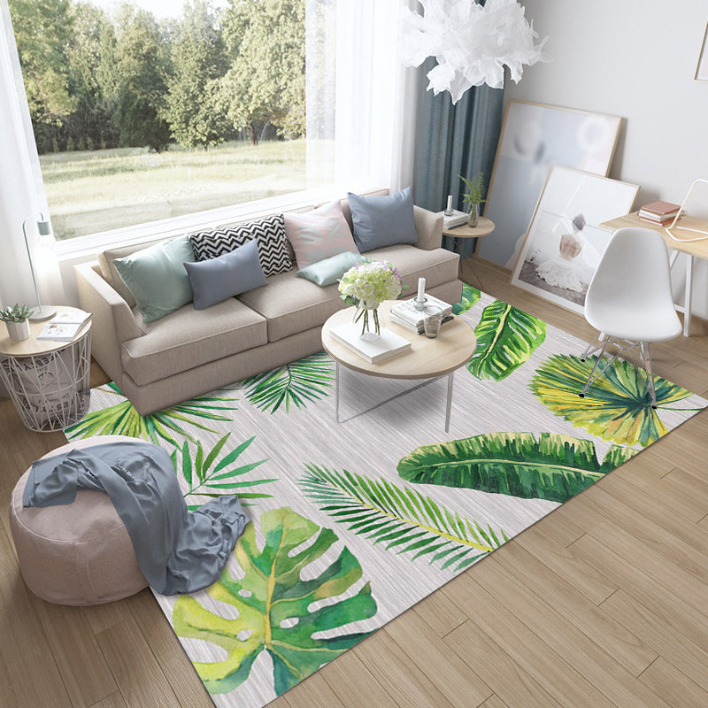 Multicolored Fresh Indoor Rug Trendy Leaves and Feather Pattern Rug Polyester Non-Slip Backing Rug for Bedroom