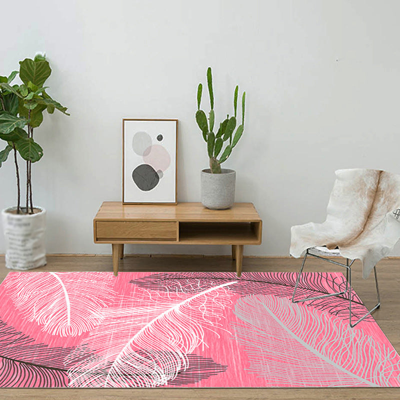 Multicolored Fresh Indoor Rug Trendy Leaves and Feather Pattern Rug Polyester Non-Slip Backing Rug for Bedroom