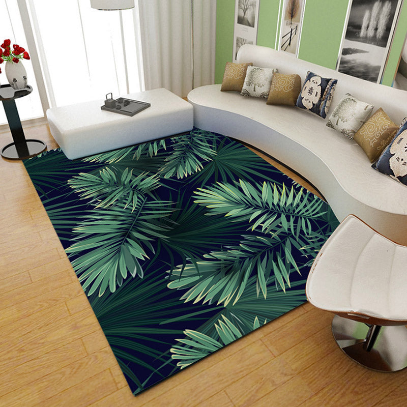 Green Tone Tropical Indoor Rug Polyester Leaves Print Rug Non-Slip Backing Indoor Rug for Living Room