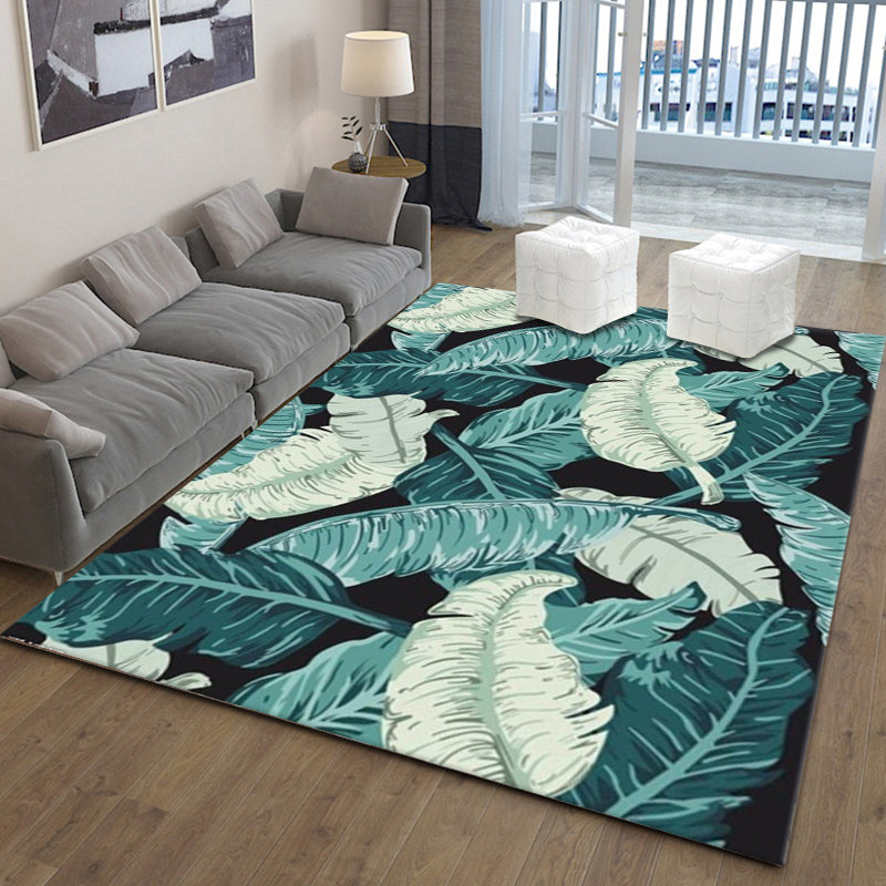 Green Tone Tropical Indoor Rug Polyester Leaves Print Rug Non-Slip Backing Indoor Rug for Living Room