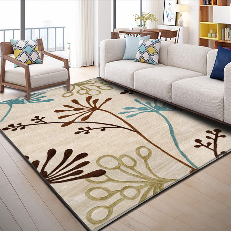Trendy Floral Print Area Rug Contemporary Natural Indoor Carpet Polyester Anti-Slip Backing Rug for Living Room