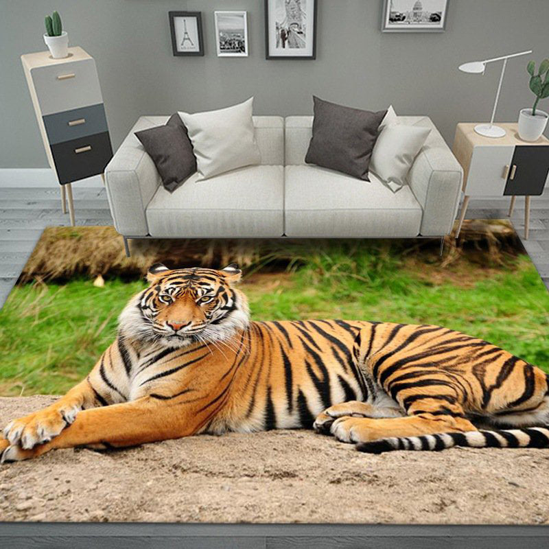 Orange Tone Modern Indoor Rug Polyester Tiger Print Carpet Anti-Slip Backing Rug for Home Decoration