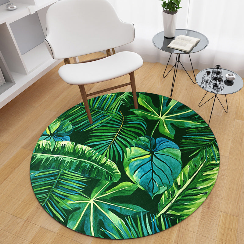 Round Green Tone Tropical Indoor Rug Polyester Leaves Print Rug Stain Resistant Indoor Rug for Living Room