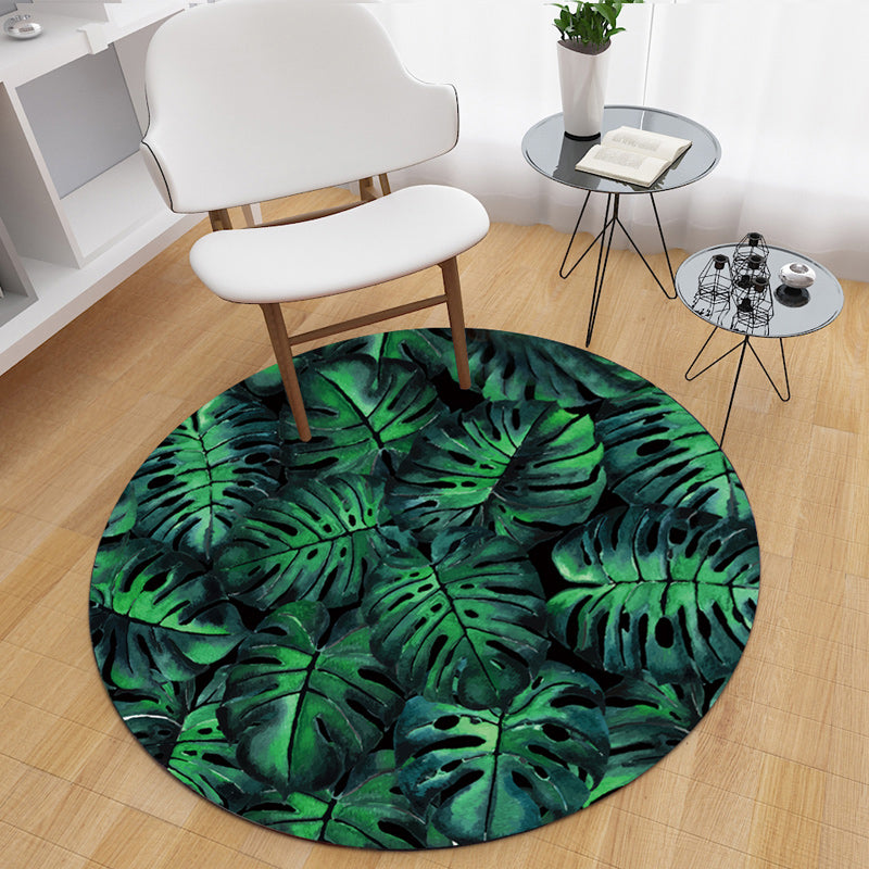 Round Green Tone Tropical Indoor Rug Polyester Leaves Print Rug Stain Resistant Indoor Rug for Living Room