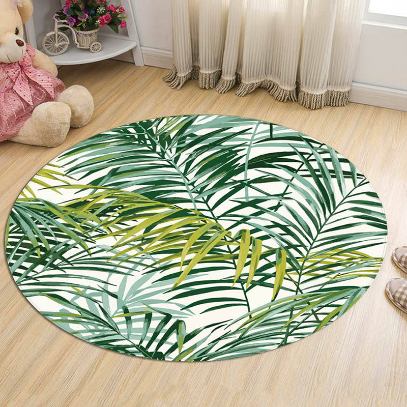 Round Green Tone Tropical Indoor Rug Polyester Leaves Print Rug Non-Slip Backing Indoor Rug for Living Room