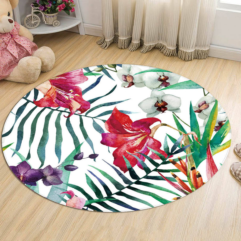 Round Green Tone Tropical Indoor Rug Polyester Leaves Print Rug Non-Slip Backing Indoor Rug for Living Room