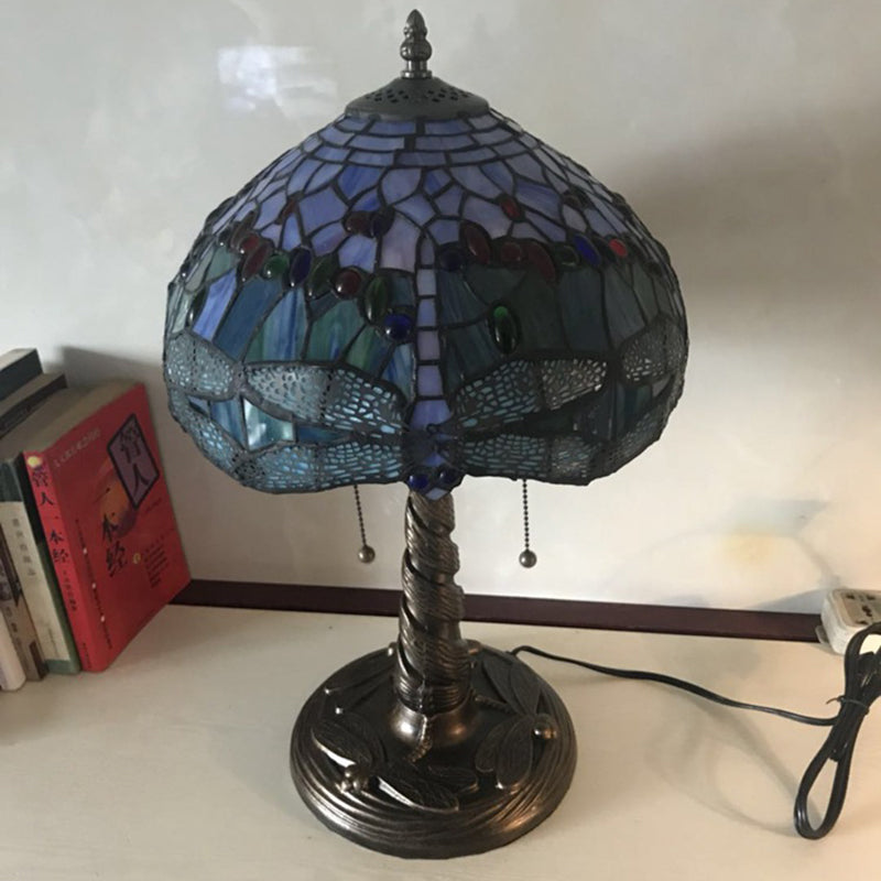 Mediterranean Dragonfly Nightstand Light 1 Light Stained Glass Table Lamp in Bronze for Bedroom