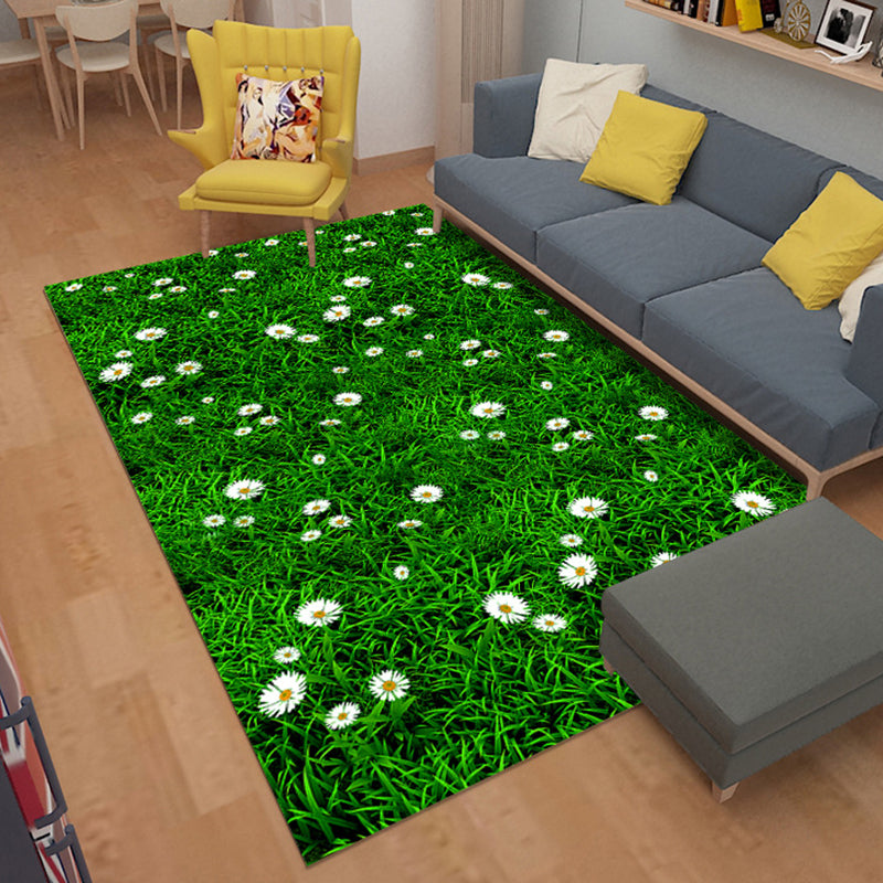 Green Tone Plant Print Rug Polyester Modern Anti-Slip Backing Indoor Rug for Living Room