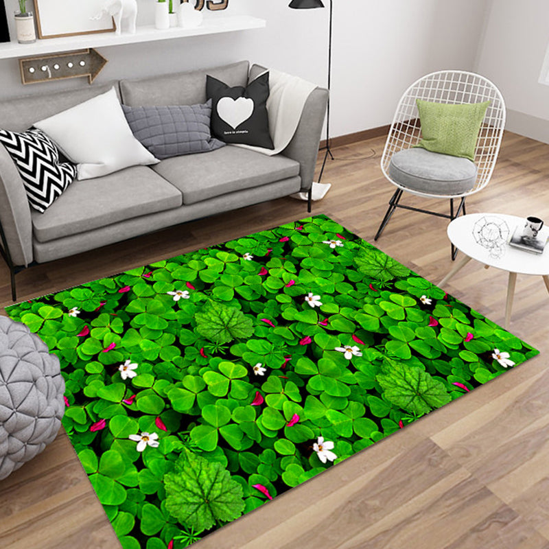 Green Tone Plant Print Rug Polyester Modern Anti-Slip Backing Indoor Rug for Living Room