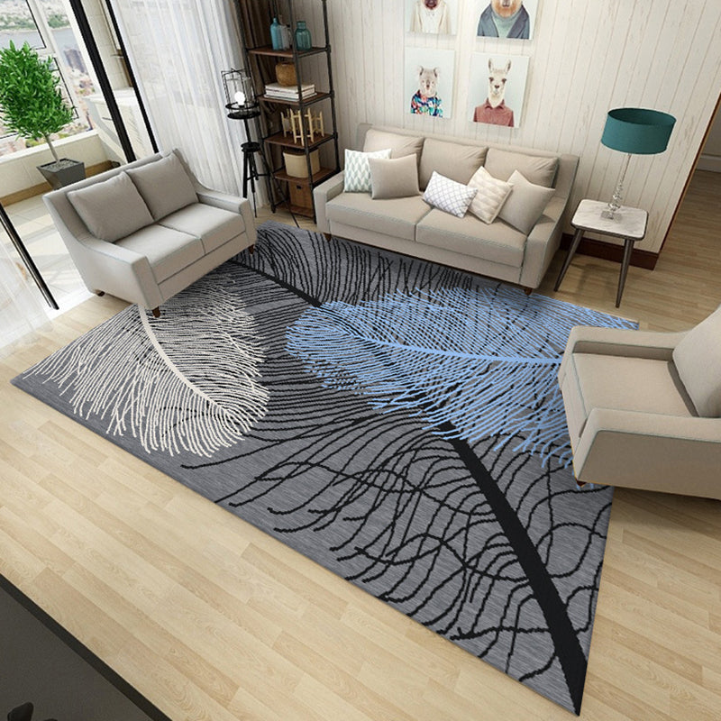 Trendy Modern Rug With Feather and Floral Print Creative Rectangle Carpet Polyester Anti-Slip Backing Rug for Living Room
