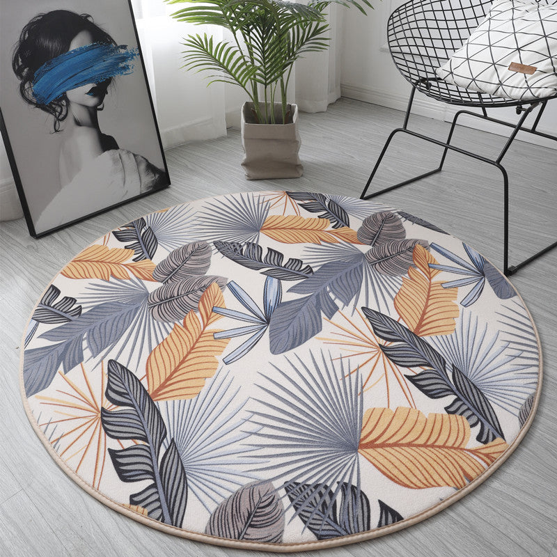 Round Color Mixed Tropical Indoor Rug Polyester Leaves Print Rug Non-Slip Backing Indoor Rug for Living Room