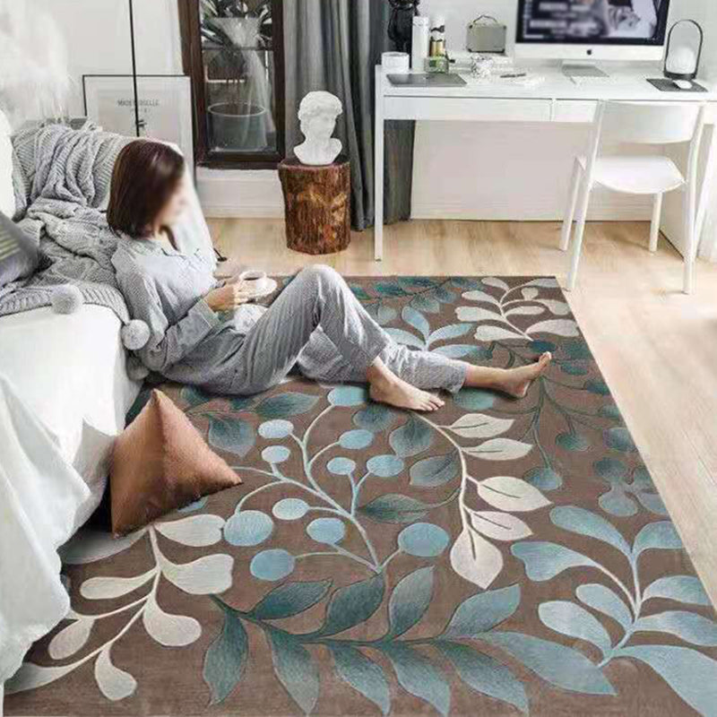 Grey Tone Vintage Area Rug Polyester Leaves Print Rug Non-Slip Backing Indoor Rug for Living Room