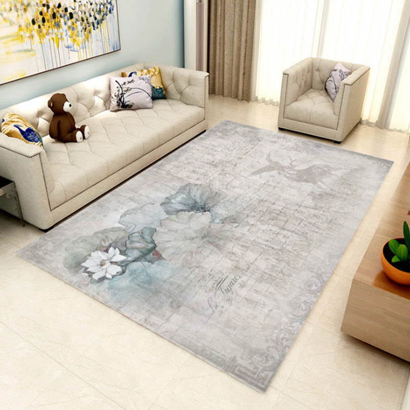 Grey Tone Vintage Area Rug Polyester Leaves Print Rug Non-Slip Backing Indoor Rug for Living Room