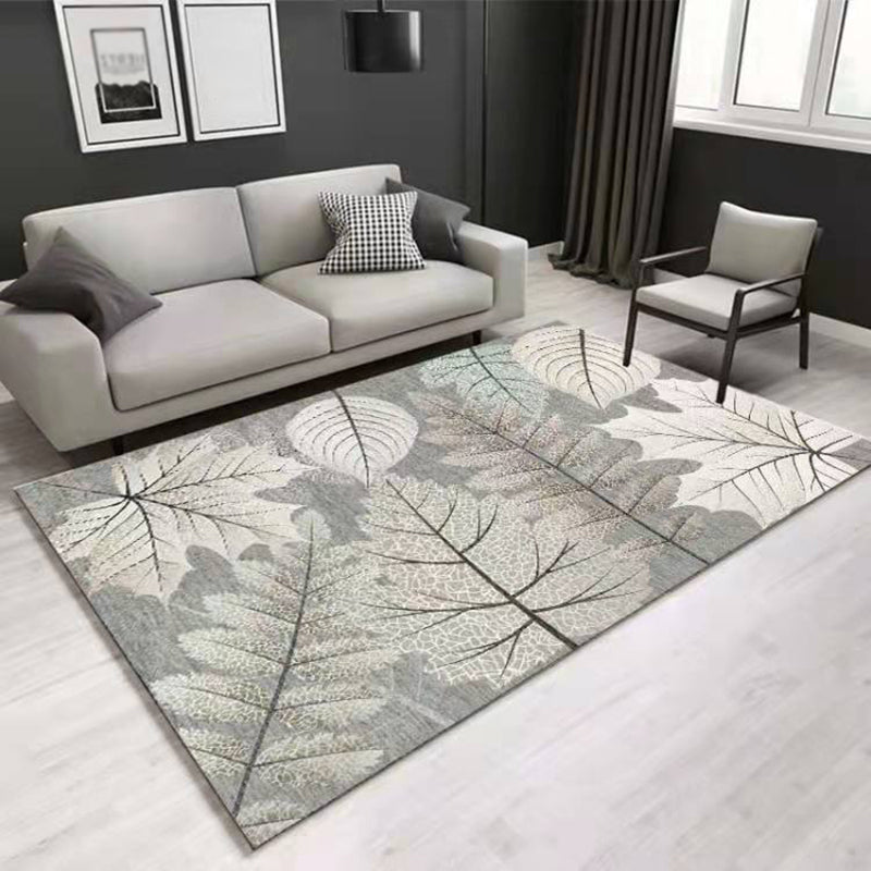 Grey Tone Vintage Area Rug Polyester Leaves Print Rug Non-Slip Backing Indoor Rug for Living Room