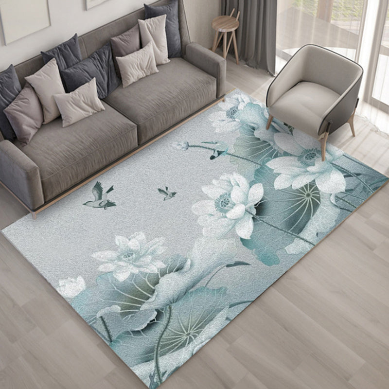 Grey Tone Vintage Area Rug Polyester Leaves Print Rug Non-Slip Backing Indoor Rug for Living Room