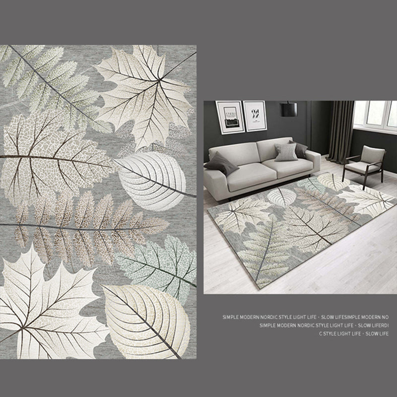 Grey Tone Vintage Area Rug Polyester Leaves Print Rug Non-Slip Backing Indoor Rug for Living Room