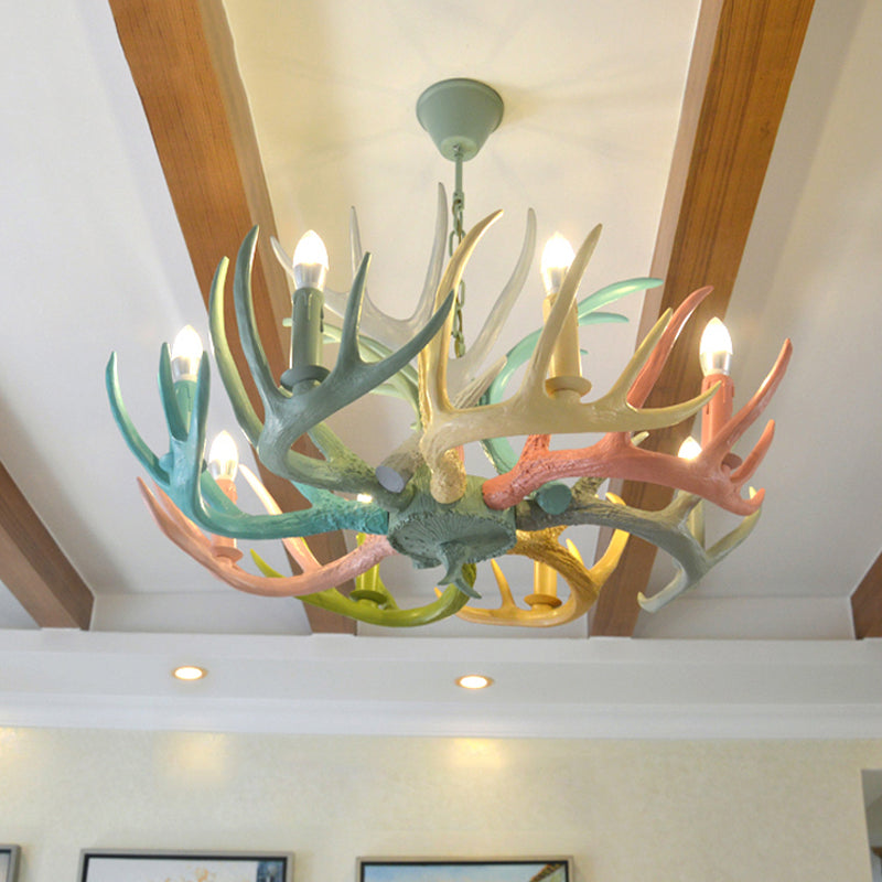 Resin Deer Antler Hanging Chandelier Rustic 4/6/8 Bulbs Bedroom Ceiling Pendant Light in Red-Green-Pink-Blue