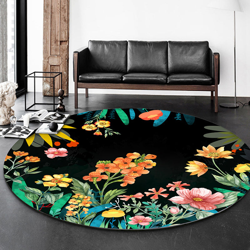 Round Flower Print Indoor Rug Contemporary High-end Carpet Polyester Anti-Slip Backing Carpet for Living Room