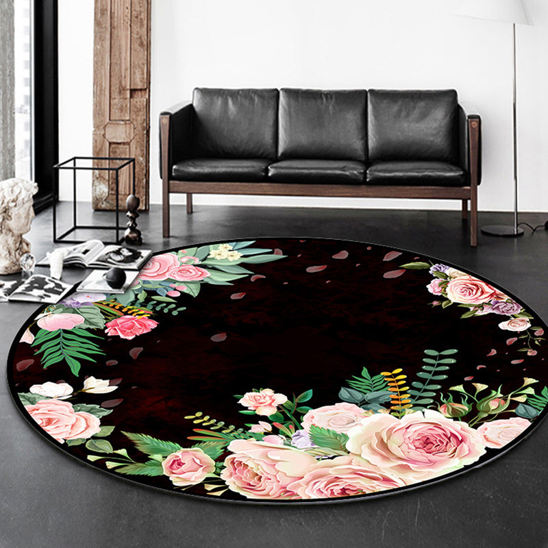 Round Flower Print Indoor Rug Contemporary High-end Carpet Polyester Anti-Slip Backing Carpet for Living Room