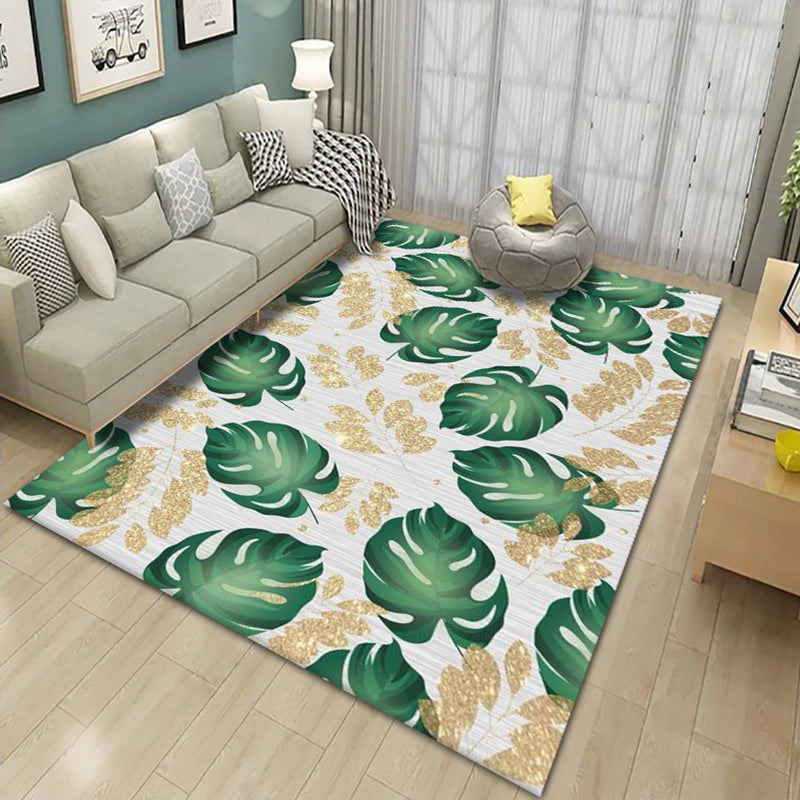 Modern Tropical Area Rug Simple Leaves Pattern Carpet Polyester Friendly Washable Rug for Living Room