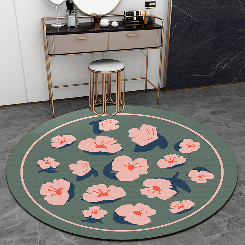 Fresh Modern Round Rug Simplicity Floral Print Rug Polyester Non-Slip Backing Rug for Home Decor