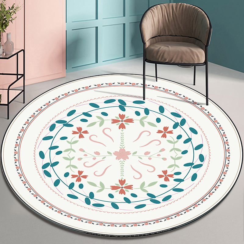 Fresh Modern Round Rug Simplicity Floral Print Rug Polyester Non-Slip Backing Rug for Home Decor