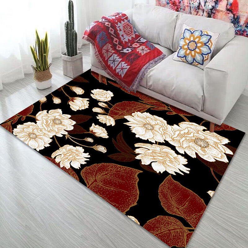 Dunkelfarbener, mit Blumenmuster bedruckter Teppich, moderner, wunderschöner Teppich für den Innenbereich, schmutzabweisender Polyester-Teppich für das Wohnzimmer