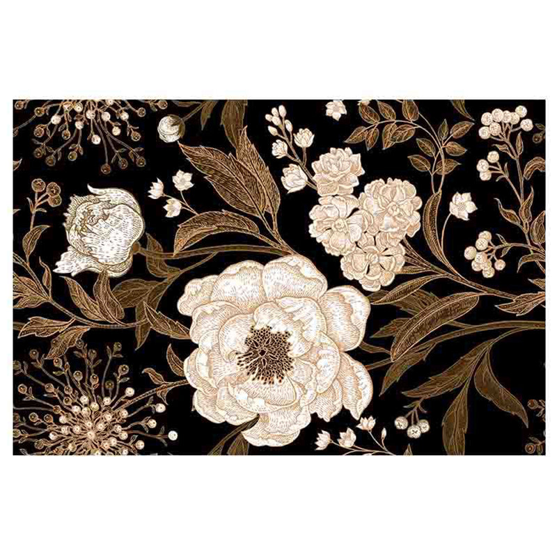 Dark Colored Floral Printed Rug Modern Gorgeous Indoor Carpet Polyester Stain Resistant Rug for Living Room