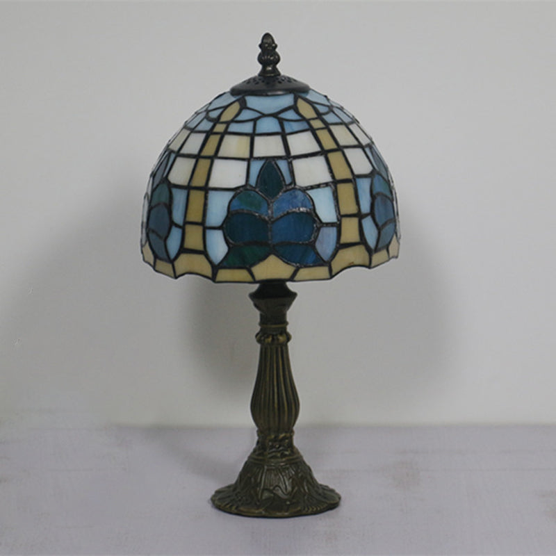 1 Light Bedside Nightstand Light Mediterranean Blue Night Table Lamp with Dome Stained Glass Shade