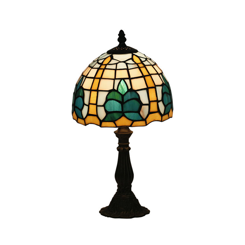 1 Light Bedside Nightstand Light Mediterranean Blue Night Table Lamp with Dome Stained Glass Shade