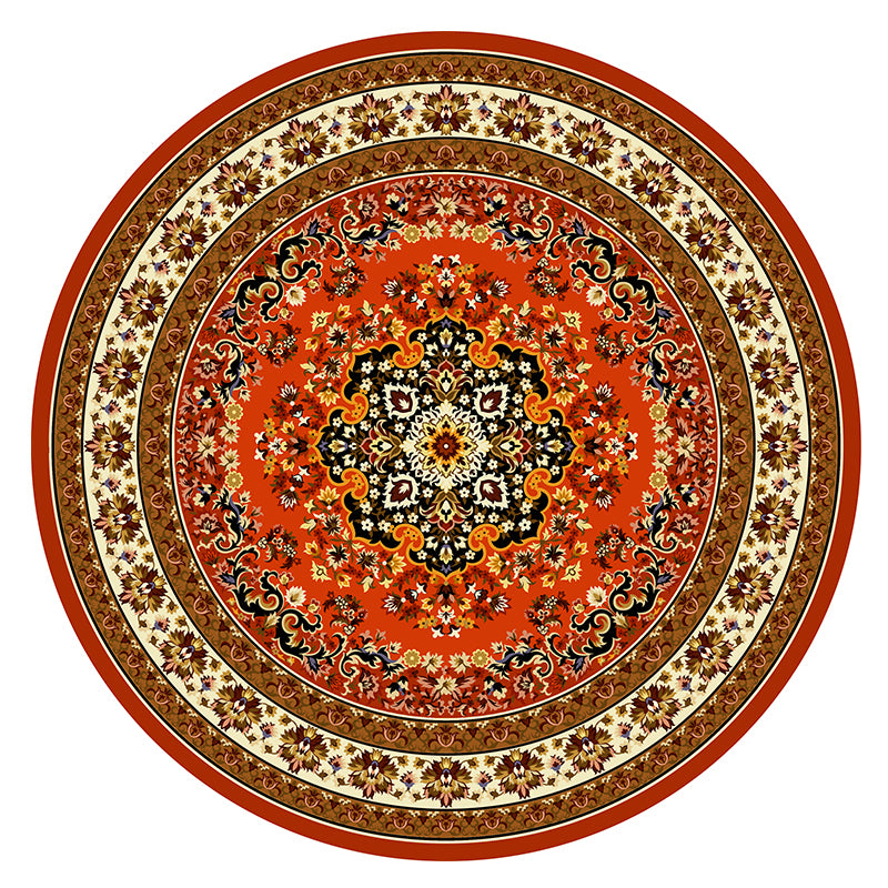 Round Yellow Tone Traditional Indoor Rug Polyester Floral Print Rug Non-Slip Backing Indoor Rug for Living Room