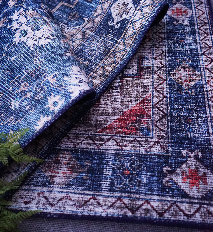 Blue Tone Distressed Area Carpet Polyester Floral Printed Indoor Rug Anti-Slip Backing Carpet for Living Room