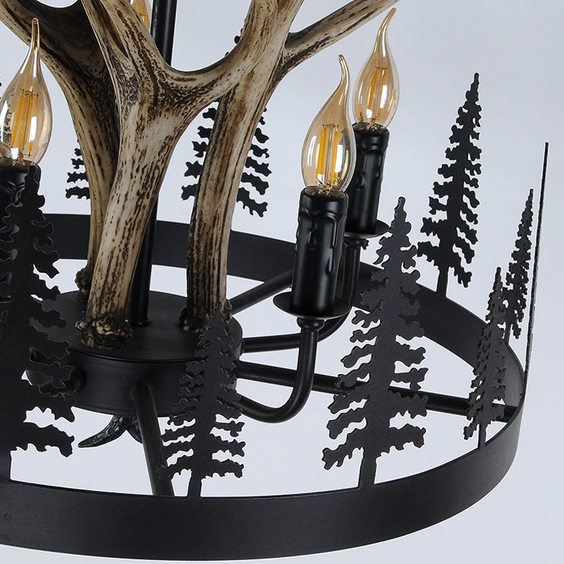 Metal Black Ceiling Chandelier Candle 5 Heads Farmhouse Hanging Pendant Light with Wheel Design