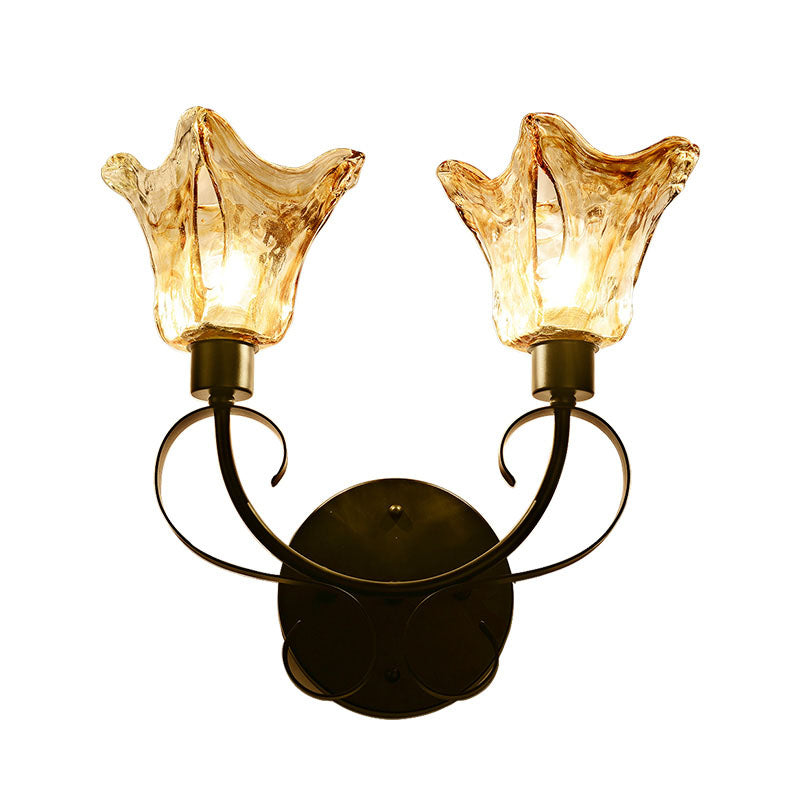 Rustic Bell Wall Sconce Lighting 2 Bulbs Amber Handblown Glass Wall Light in Black for Living Room