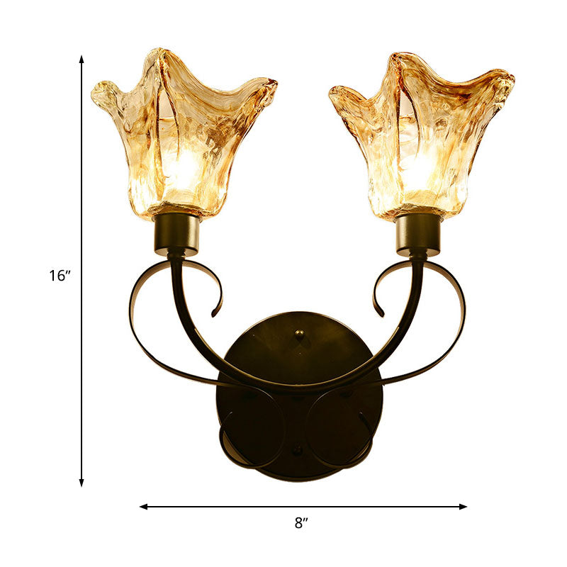 Rustic Bell Wall Sconce Lighting 2 Bulbs Amber Handblown Glass Wall Light in Black for Living Room