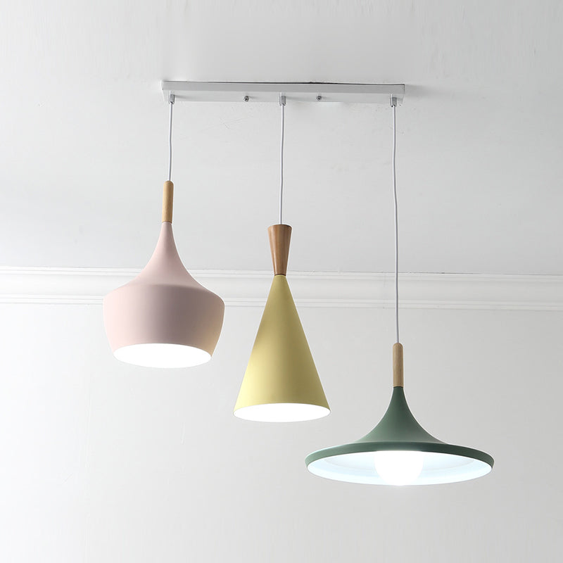 Pink-Yellow-Green Shaded Pendant Lamp Macaron 3-Light Metal Multiple Hanging Light for Dining Room