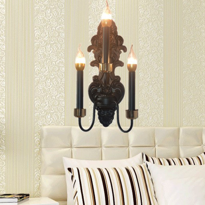 3 Bulbs Metal Wall Mount Lighting Rural Black Candle Living Room Flush Wall Sconce