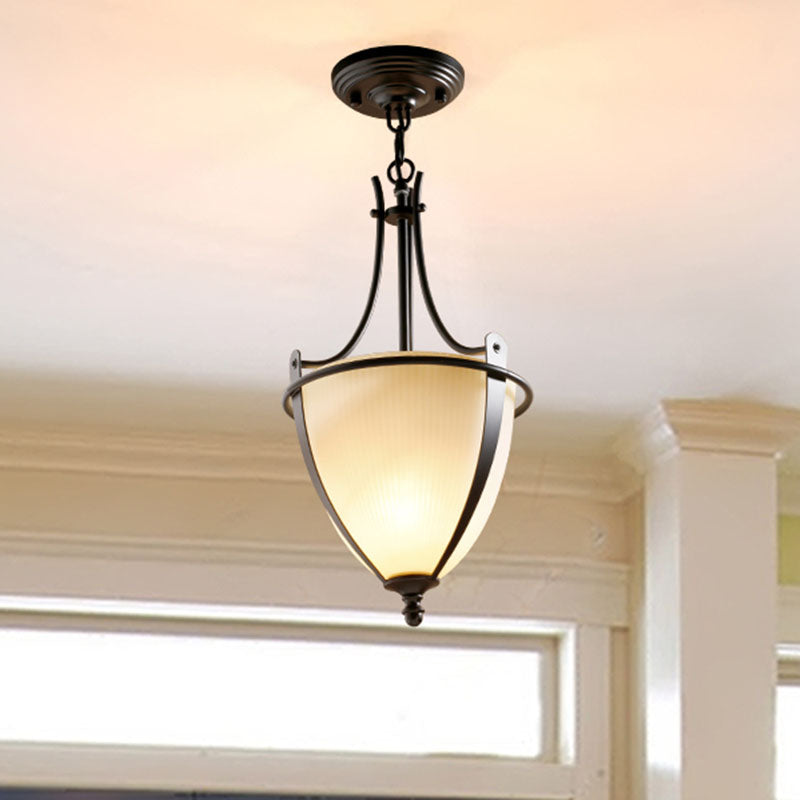Prismatic Milk Glass Bowl Pendant Light Rustic 1 Light Foyer Hanging Ceiling Lamp in Black