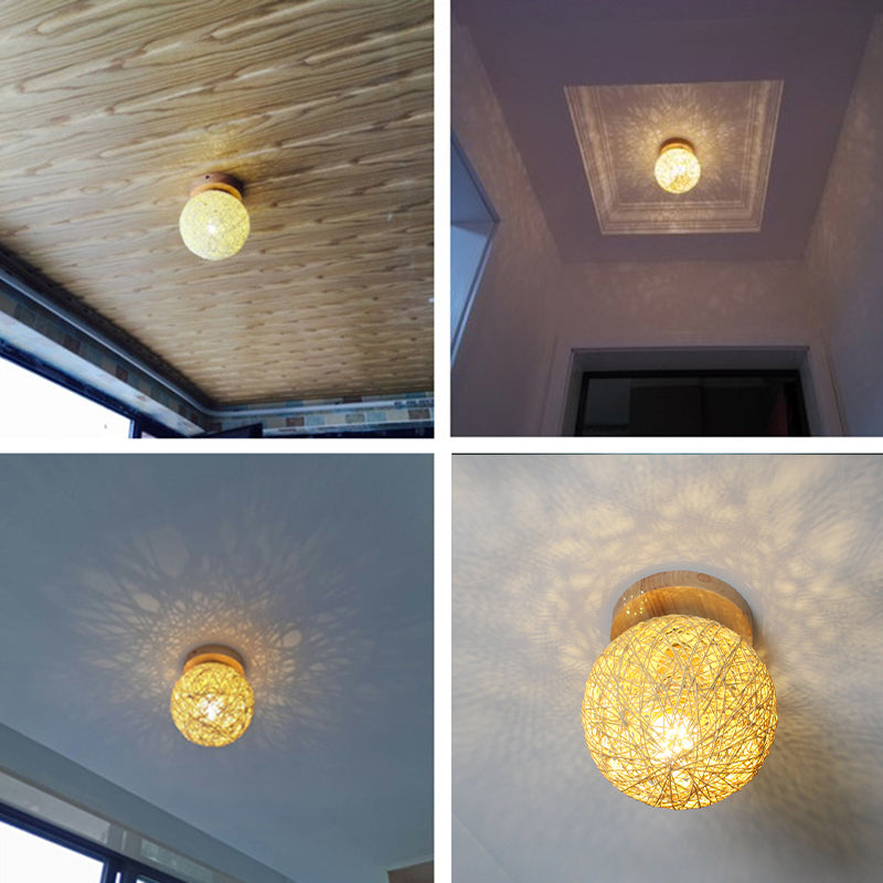 Asia Style Light Beige Flush Mount 1-Light Rattan Ceiling Mounted Light for Bedroom