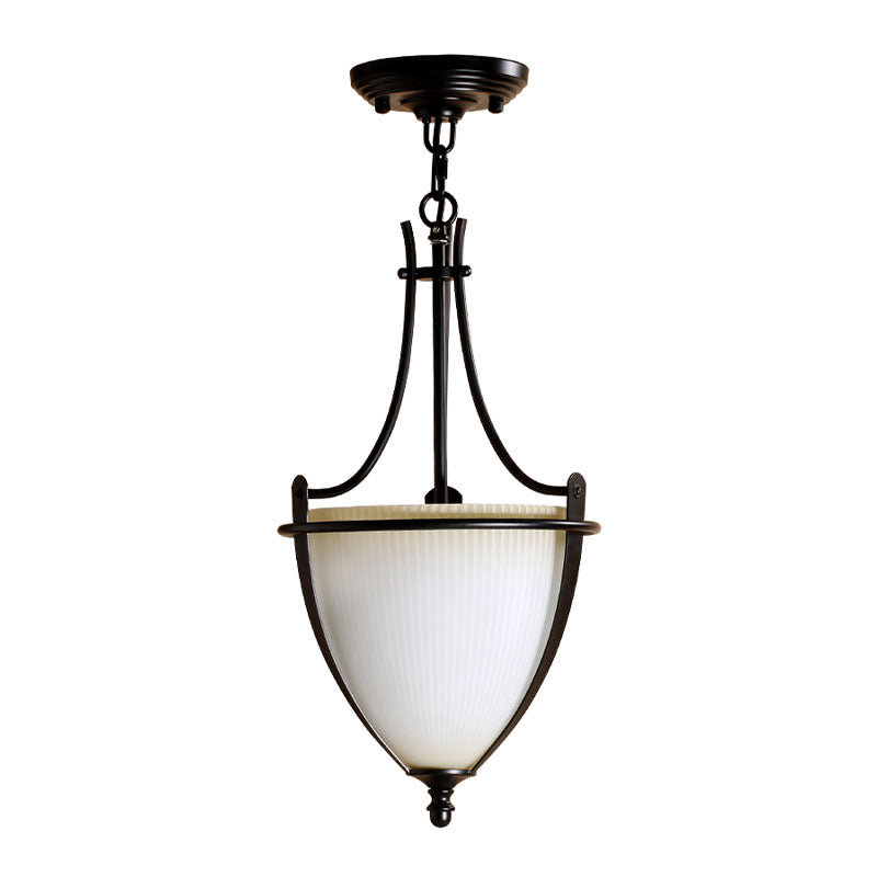 Prismatic Milk Glass Bowl Pendant Light Rustic 1 Light Foyer Hanging Ceiling Lamp in Black