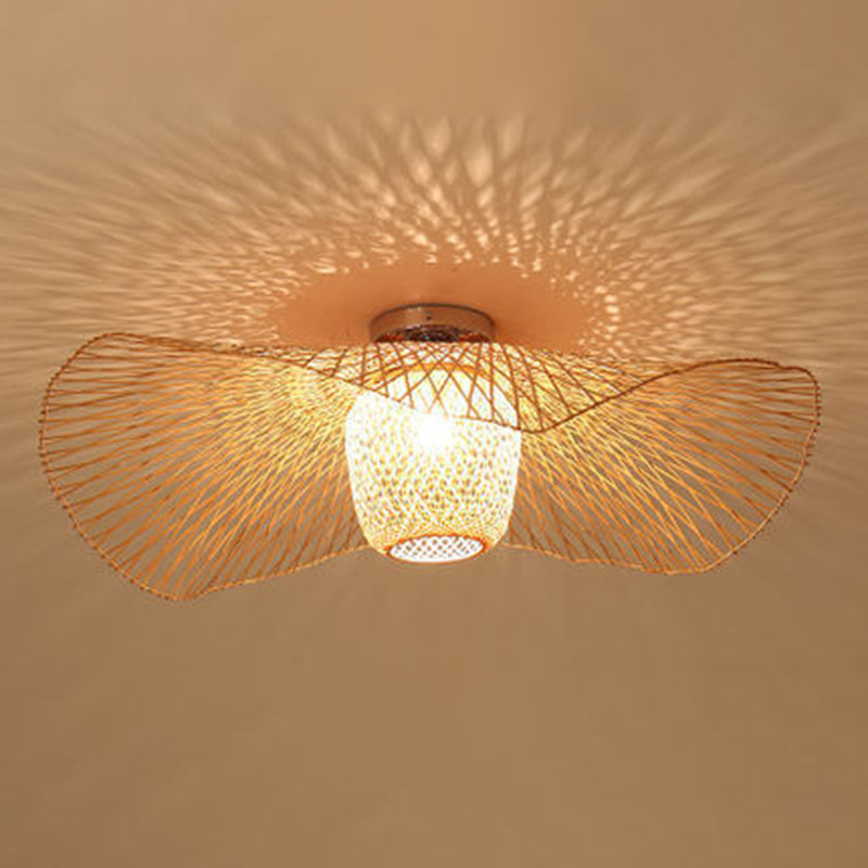 1-Light Bamboo Semi Flush Mount in Asian Creative Style Wrought Iron Sputnik Ceiling Light for Dining Room