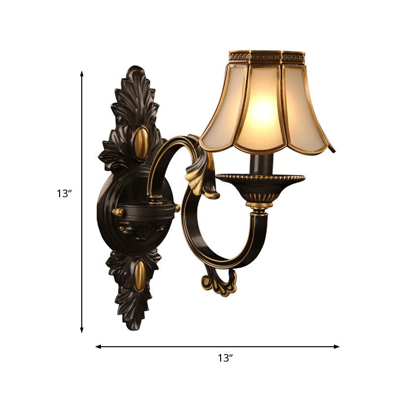 Scalloped Bedroom Wall Lamp Countryside Ivory Glass 1 Light Black Wall Mount Light