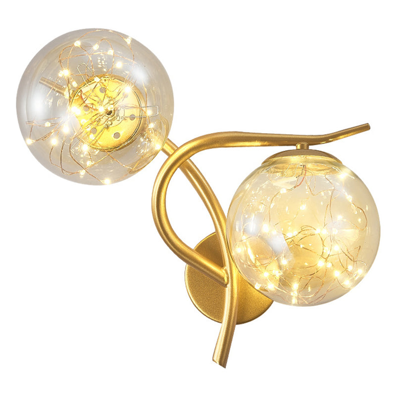 2-Lights Branch Metal Arm Sconce Lights Globe Glass Shade Nordic Style LED Wall Mount Lamp