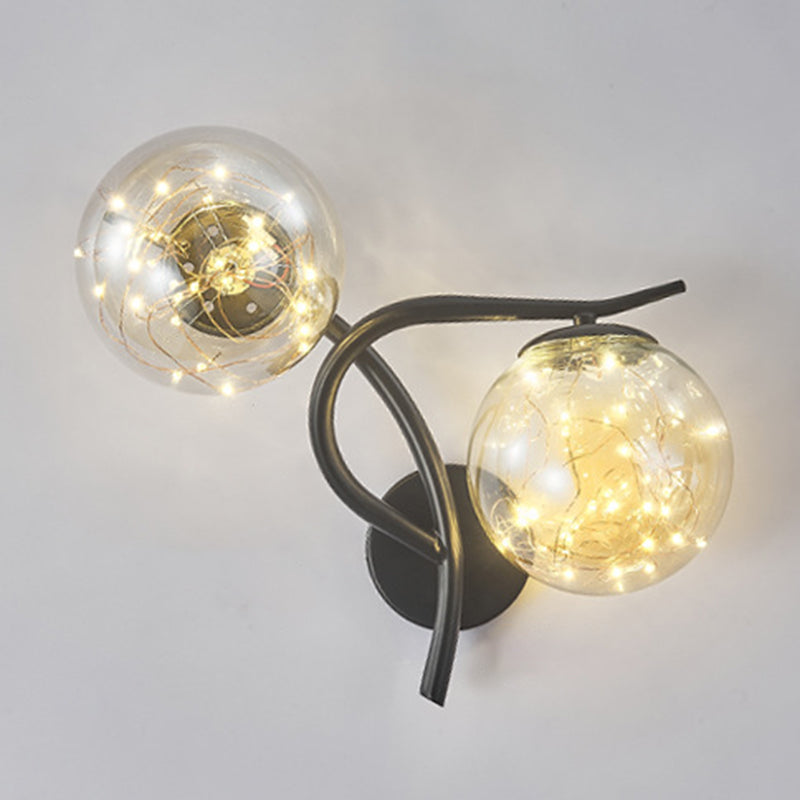 2-Lights Branch Metal Arm Sconce Lights Globe Glass Shade Nordic Style LED Wall Mount Lamp