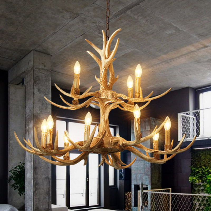 12 Heads Chandelier Lighting Farmhouse 2-Tier Resin Hanging Ceiling Lamp in Brown for Living Room