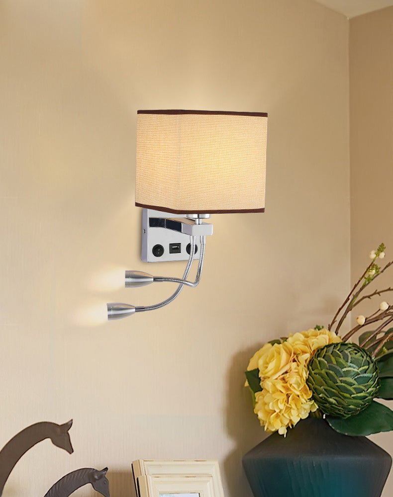 15.7" H Modern Simplicity Bedside LED Reading Lamp Square Fabric Shade Dual Spotlight Design Sconce Lights in Bedroom