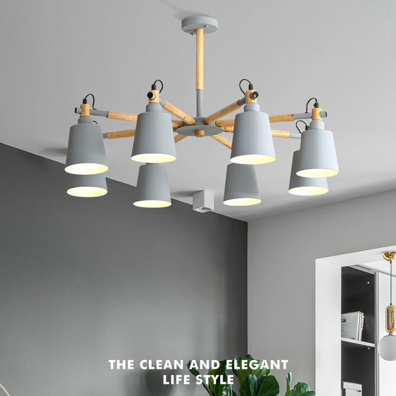 Wooden Sputnik Pendant Light in Nordic Style Wrought Iron Macaron Chandelier for Dining Room