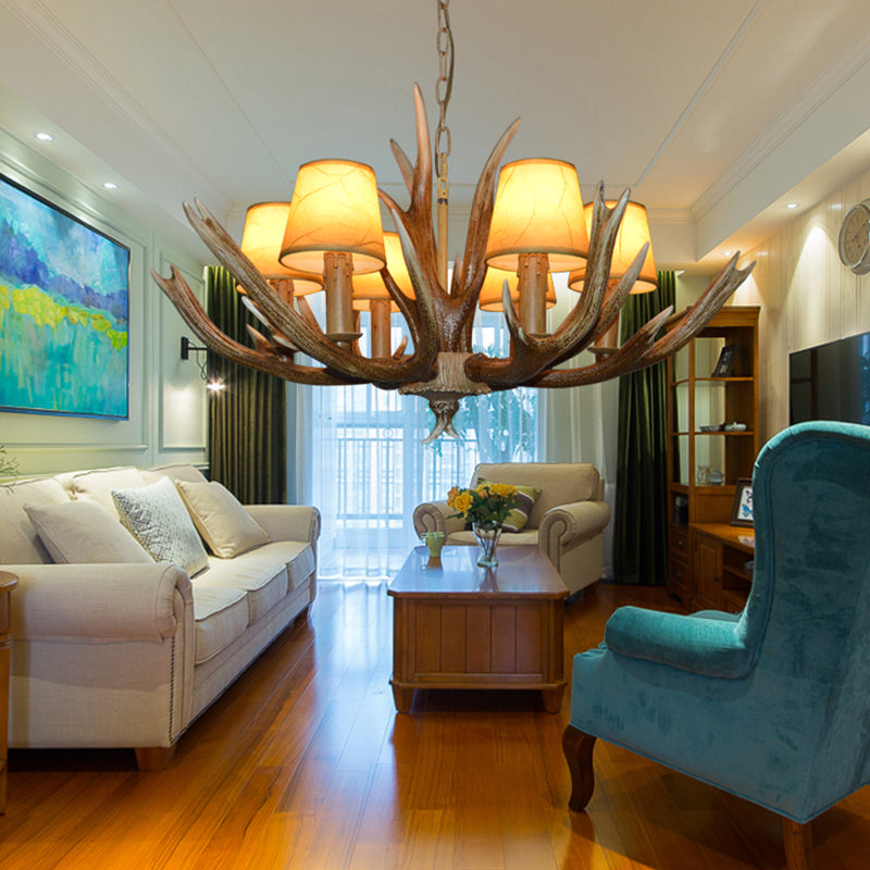 Resin Brown Ceiling Chandelier Branch 4/6/8 Bulbs Traditional Pendant Light Fixture with Beige Cone Fabric Shade